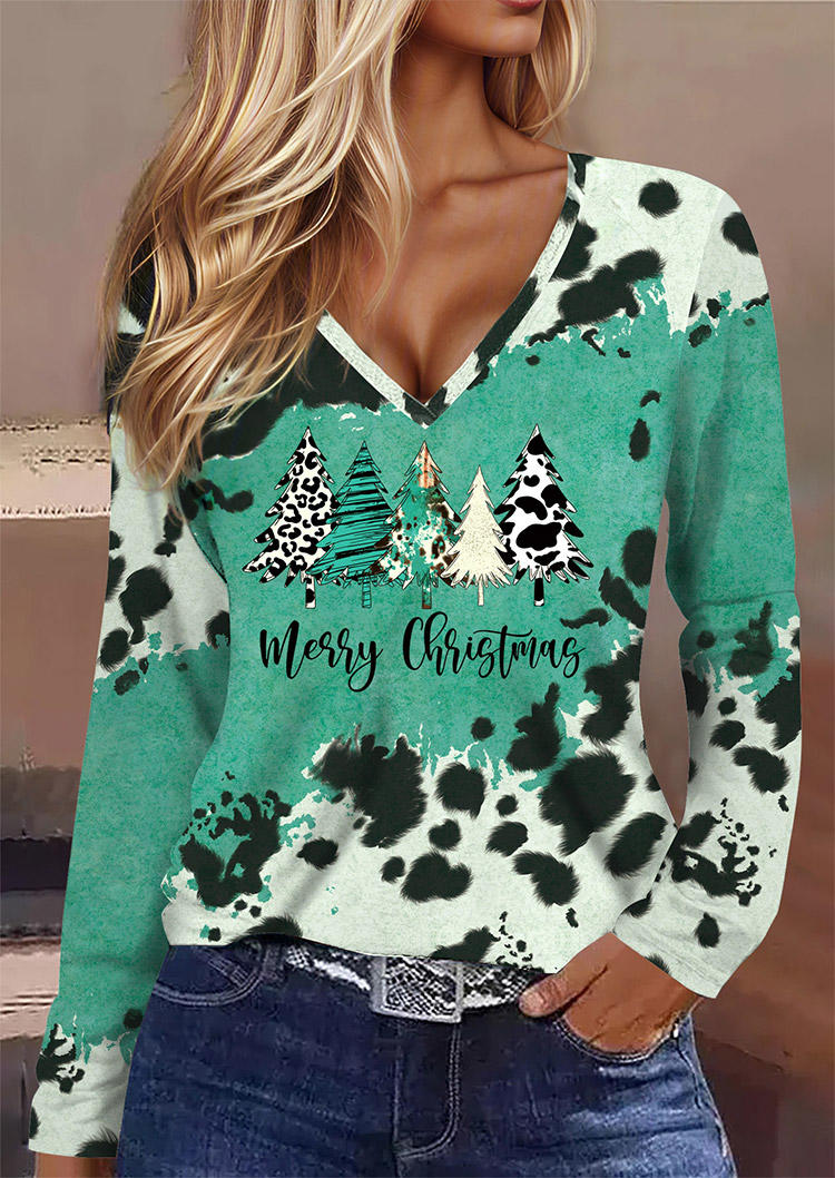 

Merry Christmas Tree Cow V-Neck Blouse - Cyan, Blue, SCM021487