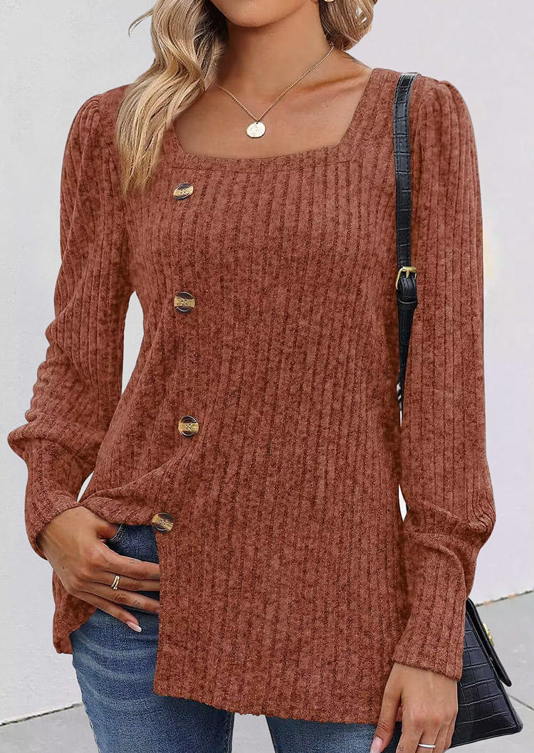 

Ribbed Button Square Collar Slit Blouse - Brick Red, SCM021529