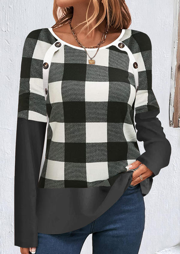 

Plaid Color-Blocked Button Long Sleeve Blouse, Multicolor, SCM021664