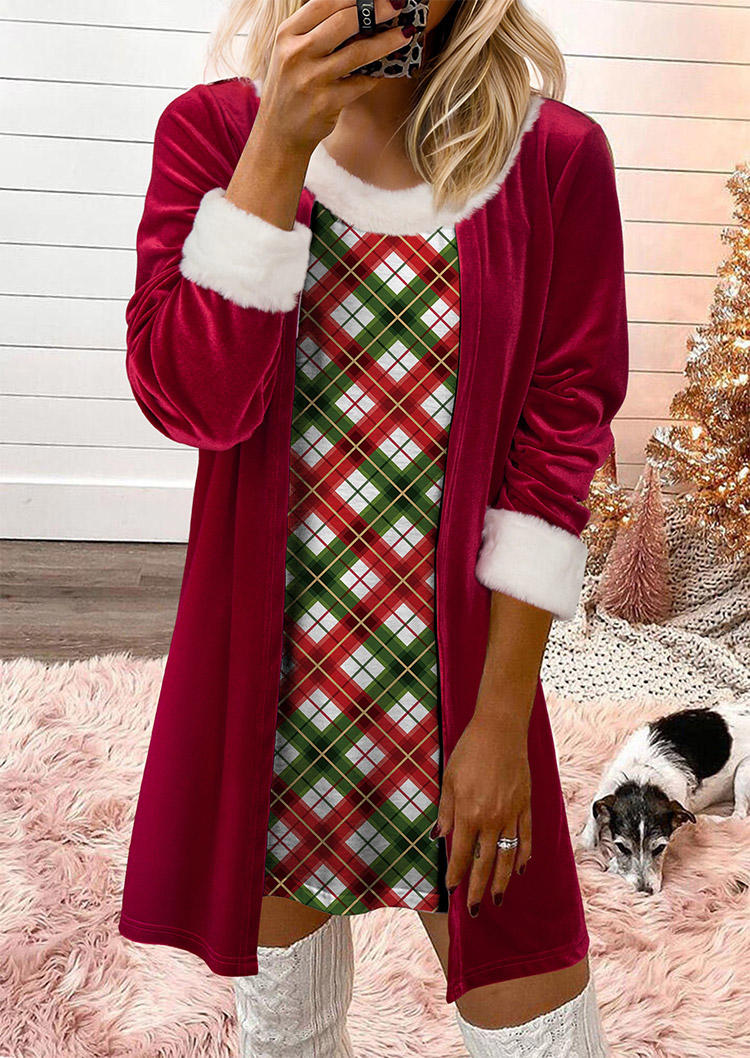

Christmas Plaid Plush Fake Two-Piece Mini Dress - Red, SCM021197