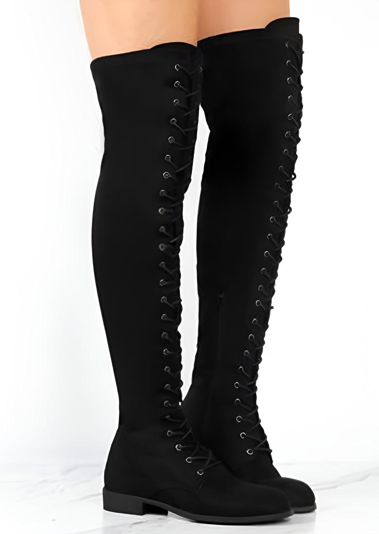 Lace Up Over Knee Extra Long Boots - Black