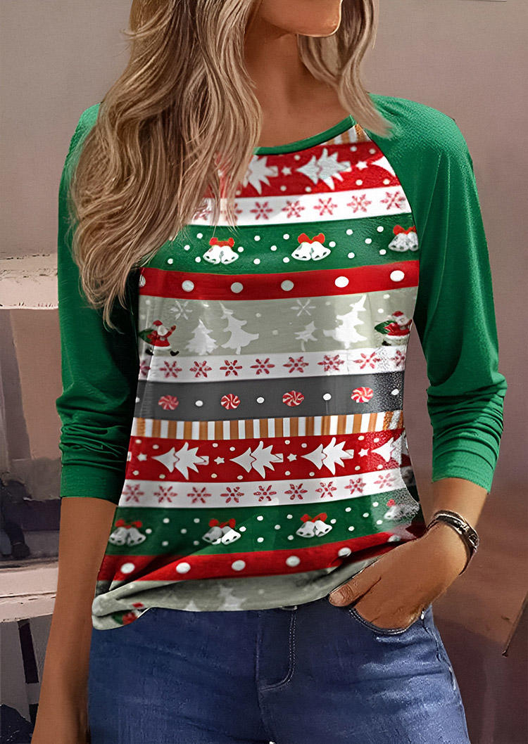 

Christmas Santa Claus Bell Raglan Sleeve Blouse - Green, SCM021449