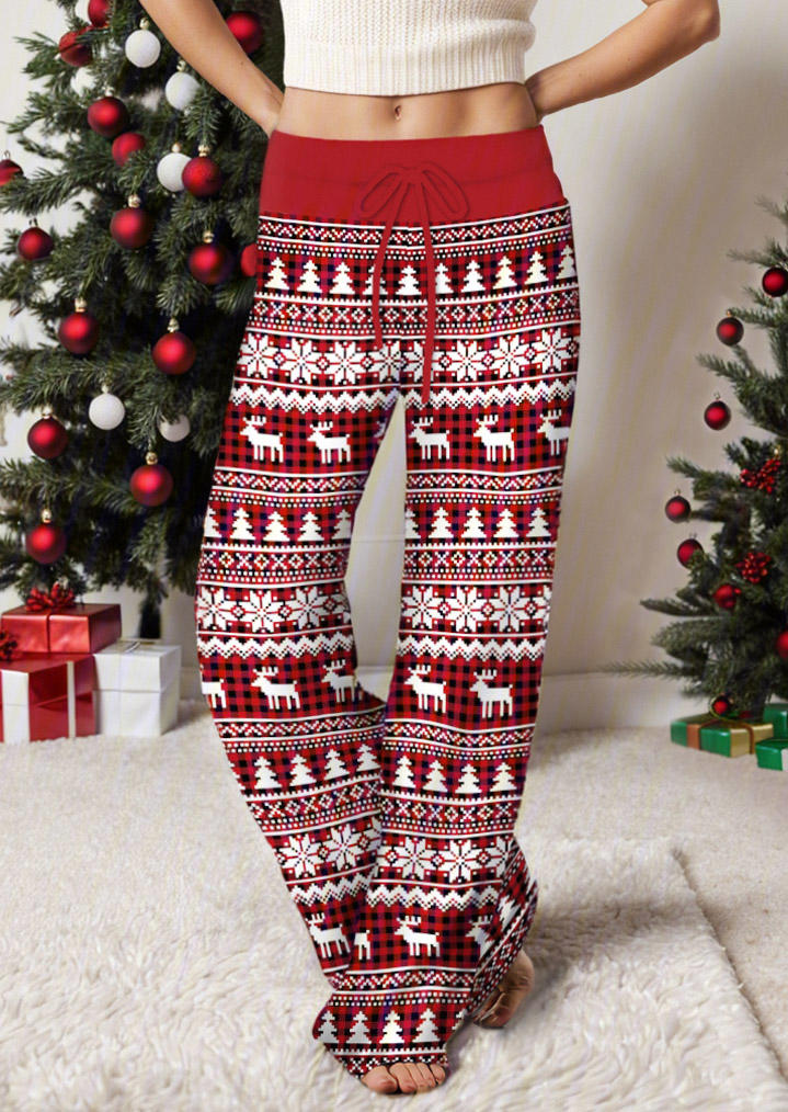 

Christmas Tree Plaid Reindeer Wide Leg Pants, Multicolor, SCM021465