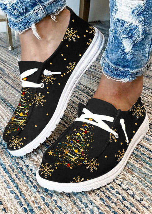 

Christmas Tree Snowflake Flat Sneakers - Black, SCM021660
