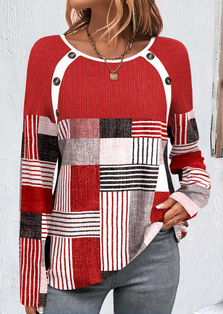 

Geometric Striped Plaid Button Blouse - Red, SCM021704