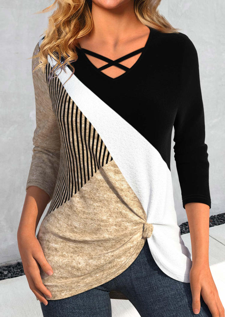 

Color-Blocked Vertical Striped Criss-Cross Blouse, Multicolor, SCM021733