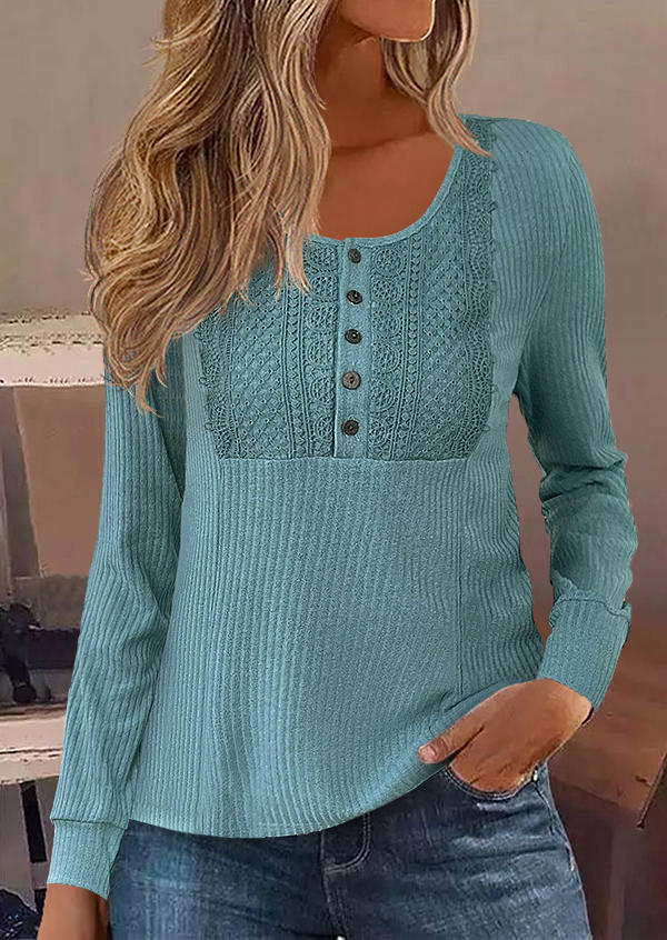 

Lace Stitching Button Ribbed Elegant Blouse - Cyan, Blue, SCM021524