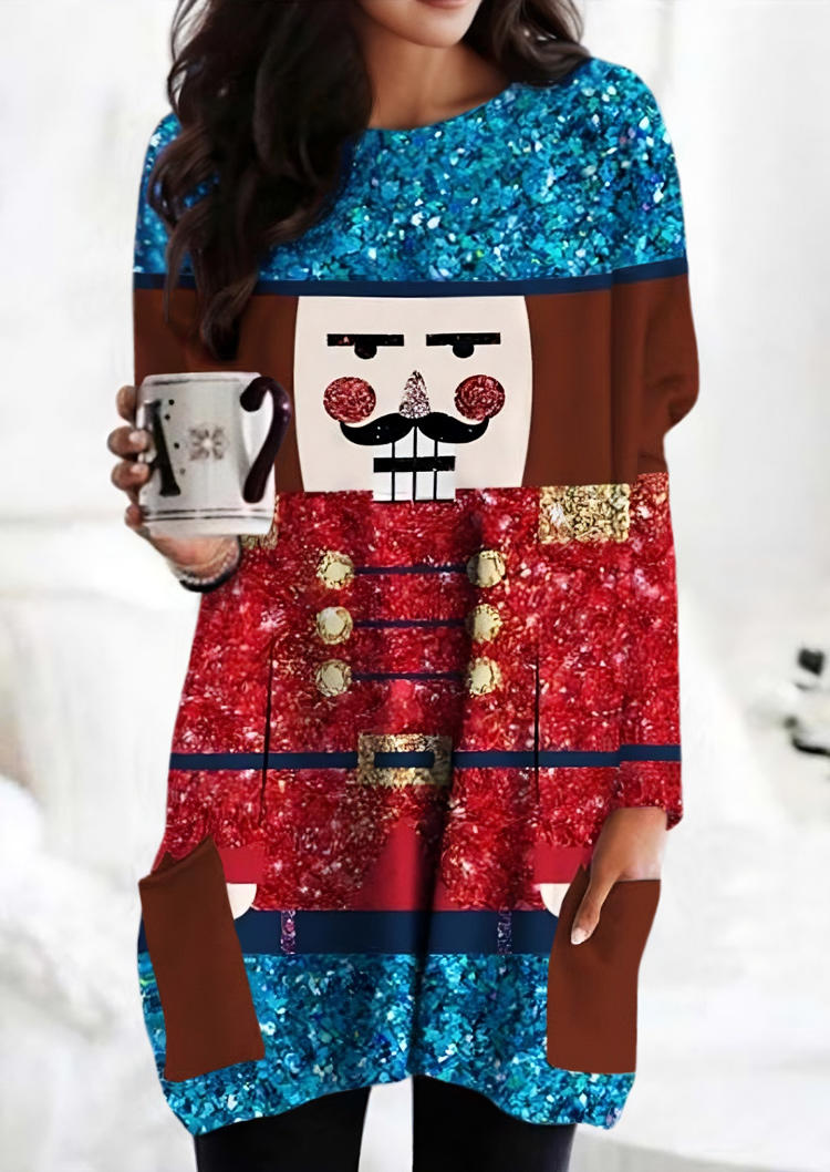

Christmas Color-Blocked Glitter Pocket Mini Dress, Multicolor, SCM021748