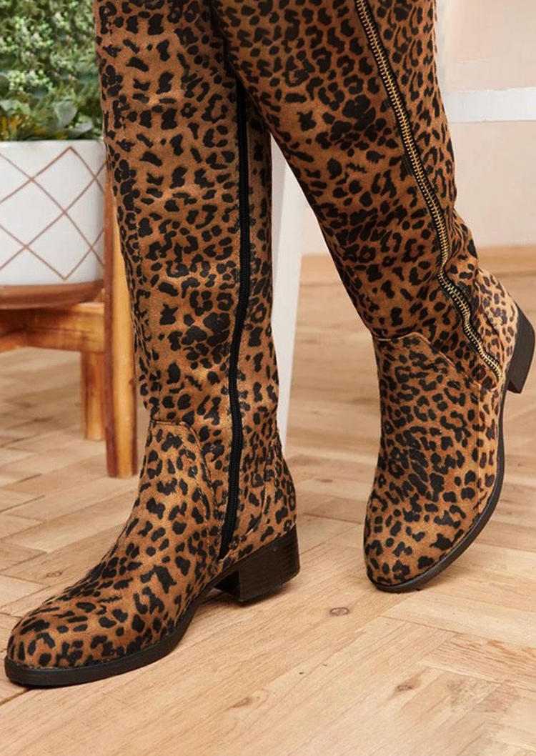 Leopard Zipper Flannel Pointed Toe Boots