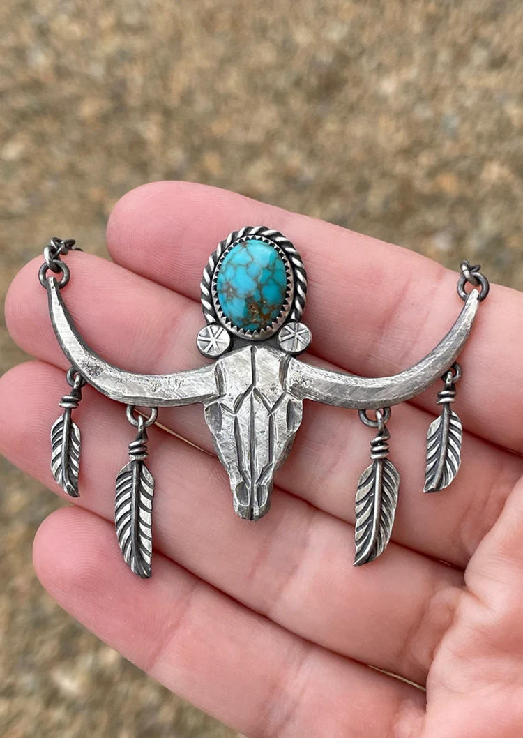 

Steer Skull Turquoise Alloy Western Pendant Necklace, Silver, SCM021601