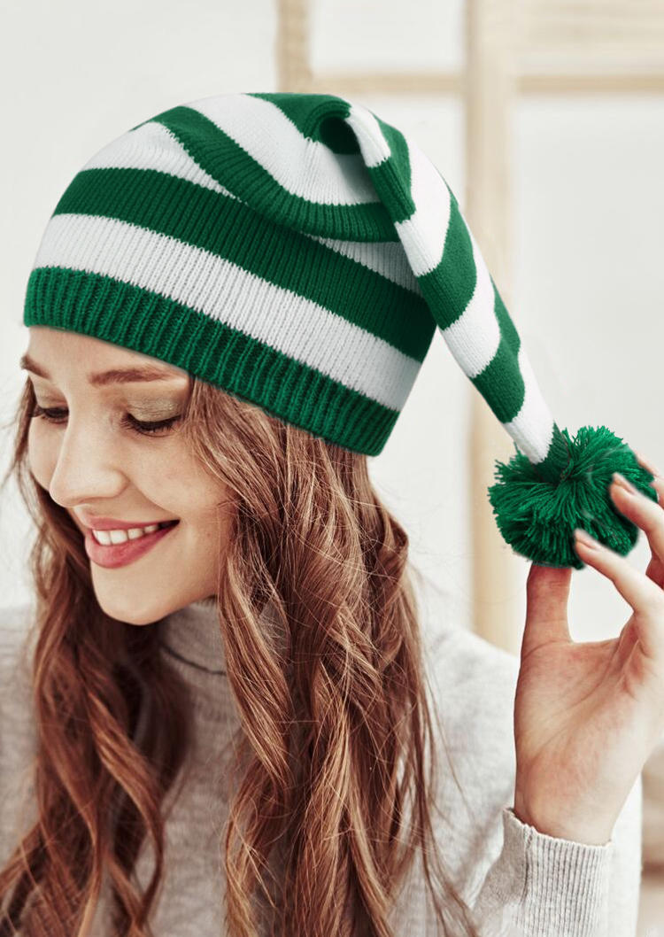 

Christmas Striped Knitted Warm Hat, Green, SCM021661