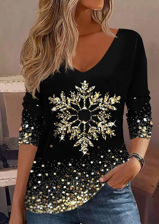 

Christmas Glitter Snowflake Long Sleeve Blouse - Black, SCM021663