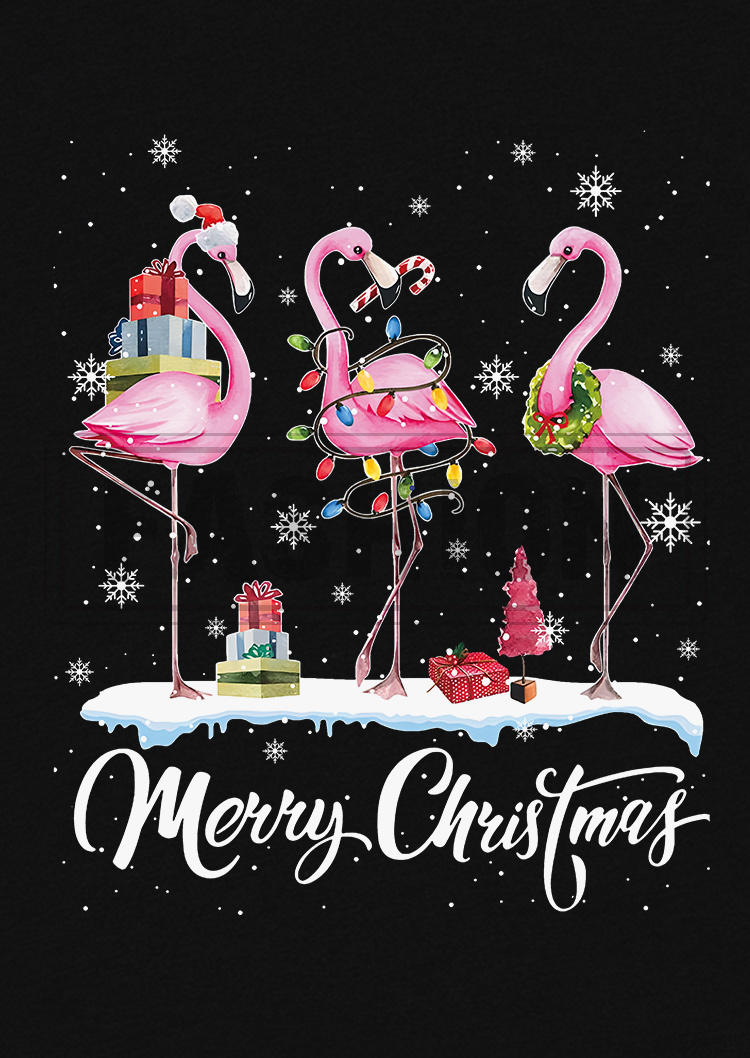 Merry Christmas Flamingo Snowflake T-Shirt Tee - Black