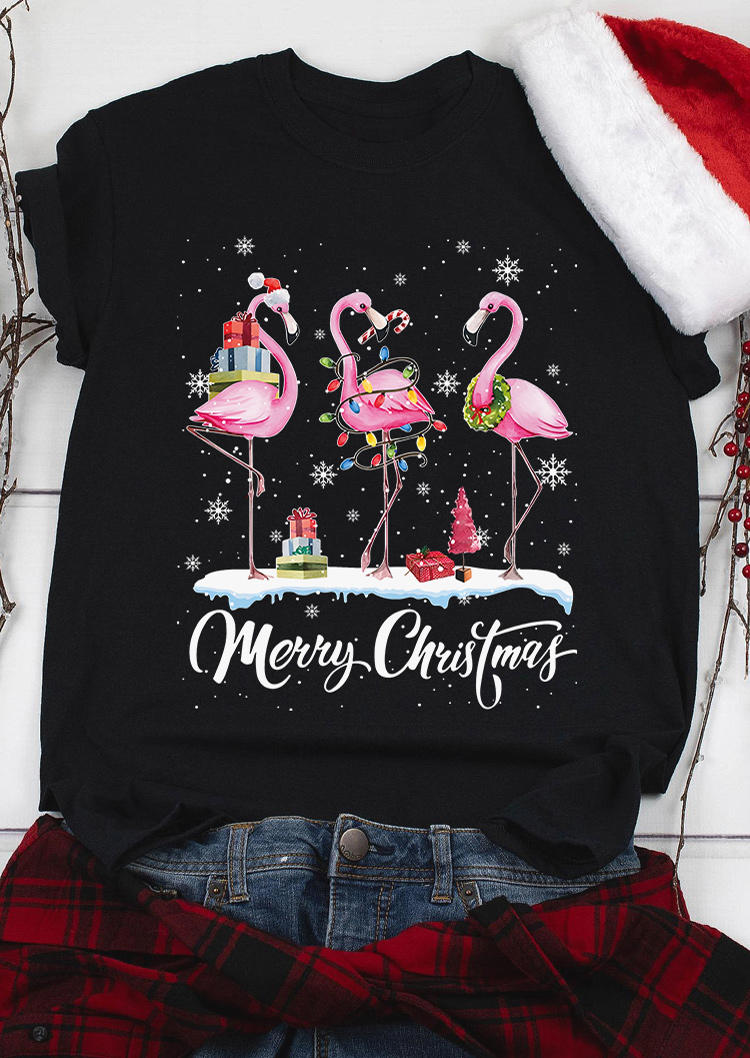 

Merry Christmas Flamingo Snowflake T-Shirt Tee - Black, SCM021721