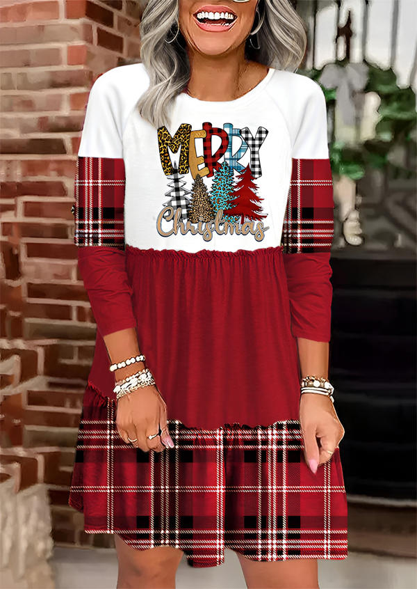 

Merry Christmas Tree Plaid Leopard Mini Dress - Red, SCM021723