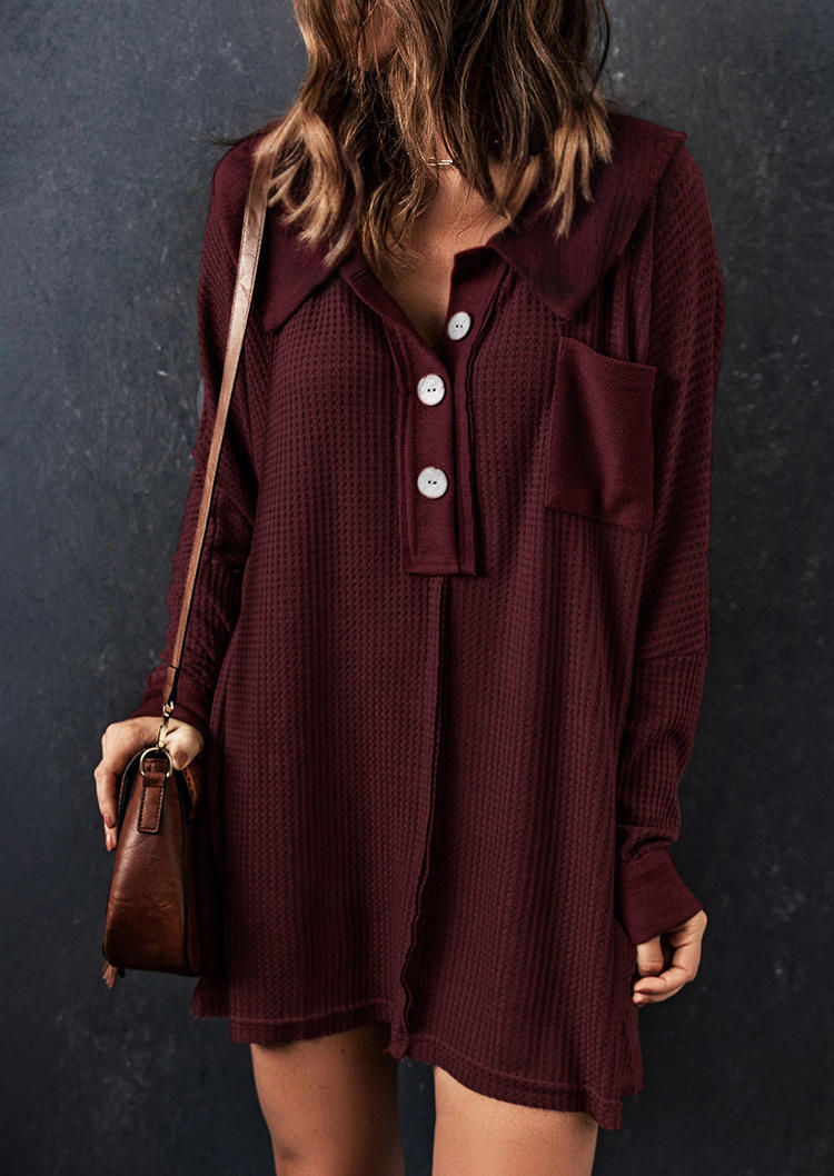 

Button Pocket Waffle Long Sleeve Mini Dress - Red, SCM021788