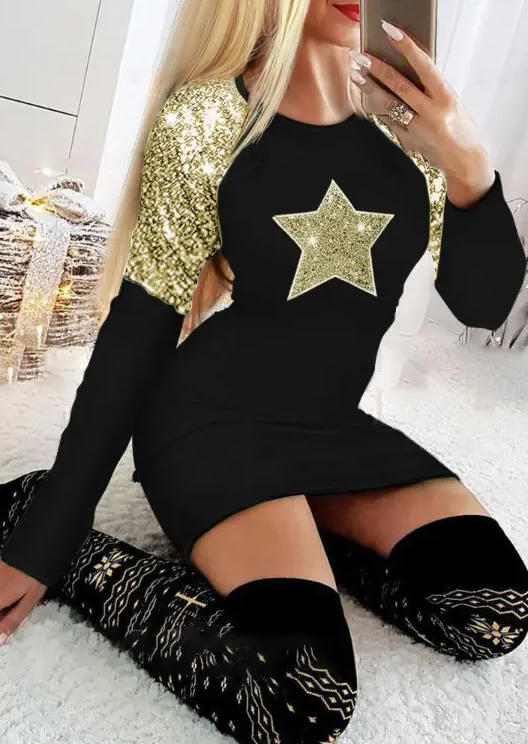 

Star Glitter Long Sleeve Bodycon Dress - Black, SCM021789