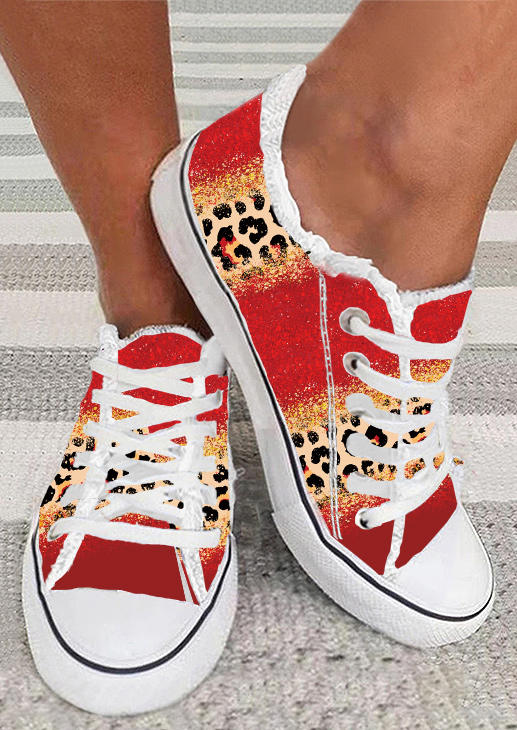 

Christmas Leopard Glitter Frayed Lace Up Flat Sneakers, Multicolor, SCM021824