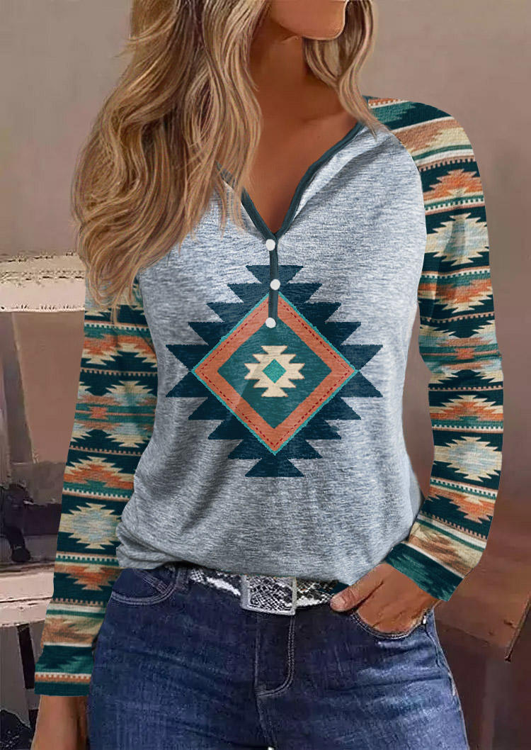 

Aztec Geometric Western Long Sleeve Blouse, Multicolor, SCM021403