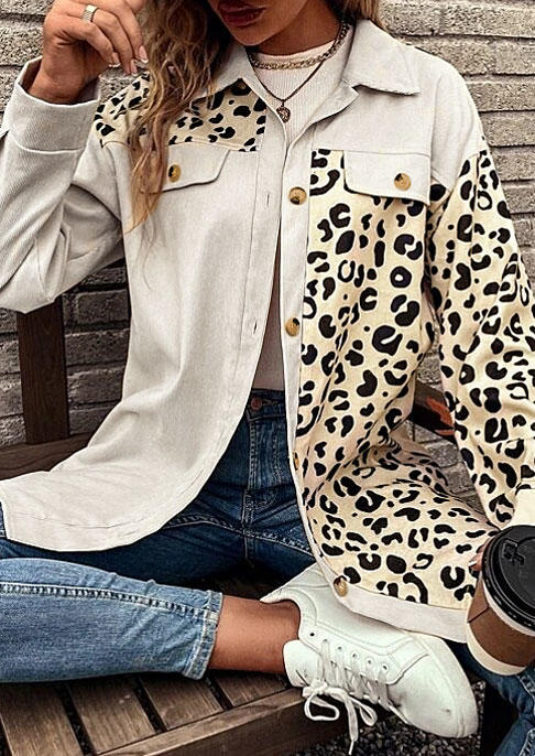 

Leopard Color-Blocked Pocket Flap Coat - Apricot, SCM021575