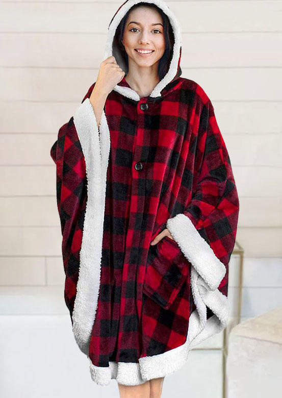 

Plaid Wearable Wrap Flannel Hooded Blanket Shawl Cape, Red, SCM021680