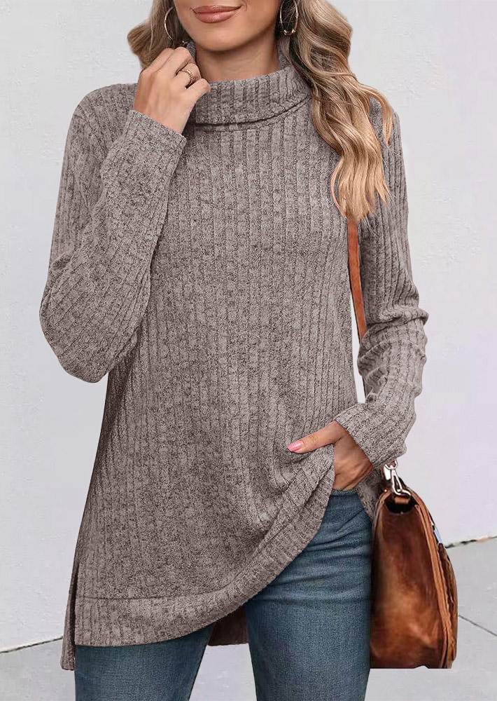 

Turtleneck Ribbed Slit Long Sleeve Blouse - Gray, SCM021780