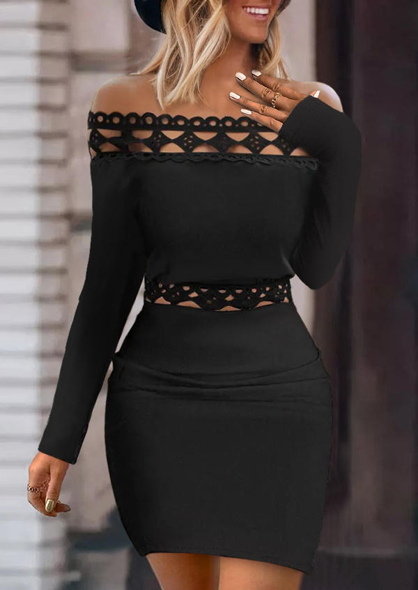 

Lace Hollow Out Off Shoulder Bodycon Dress - Black, SCM021831