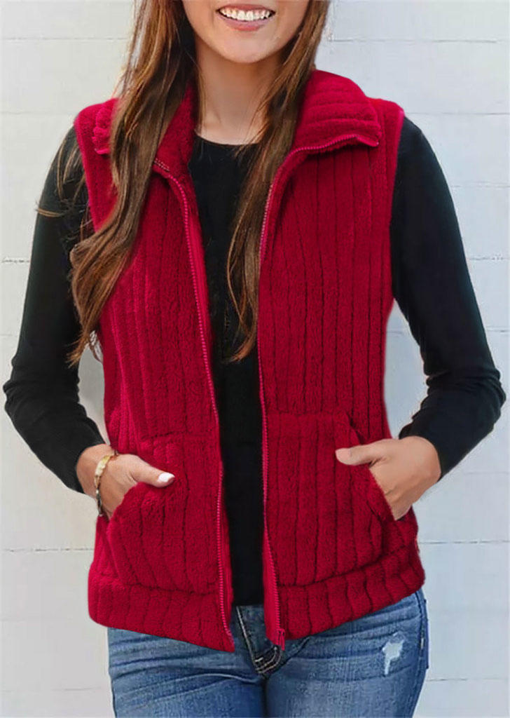 

Winter Pocket Zipper Fuzzy Warm Vest Coat - Red, SCM021623