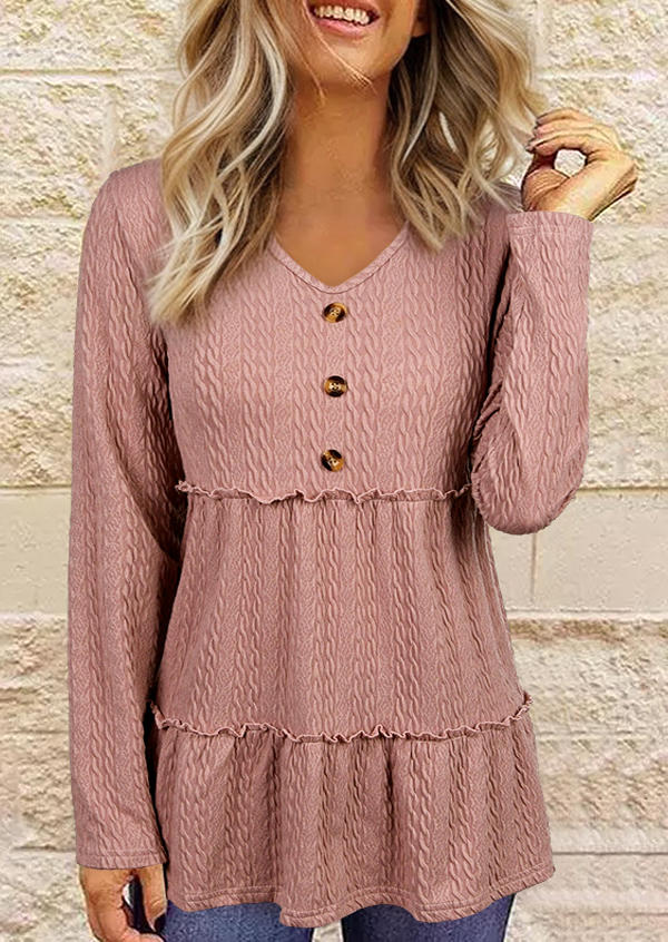 

Plain Textured Button Ruffled Blouse - Pink, SCM021699