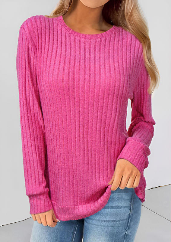Essentials Ribbed O-Neck Blouse - Rose Red