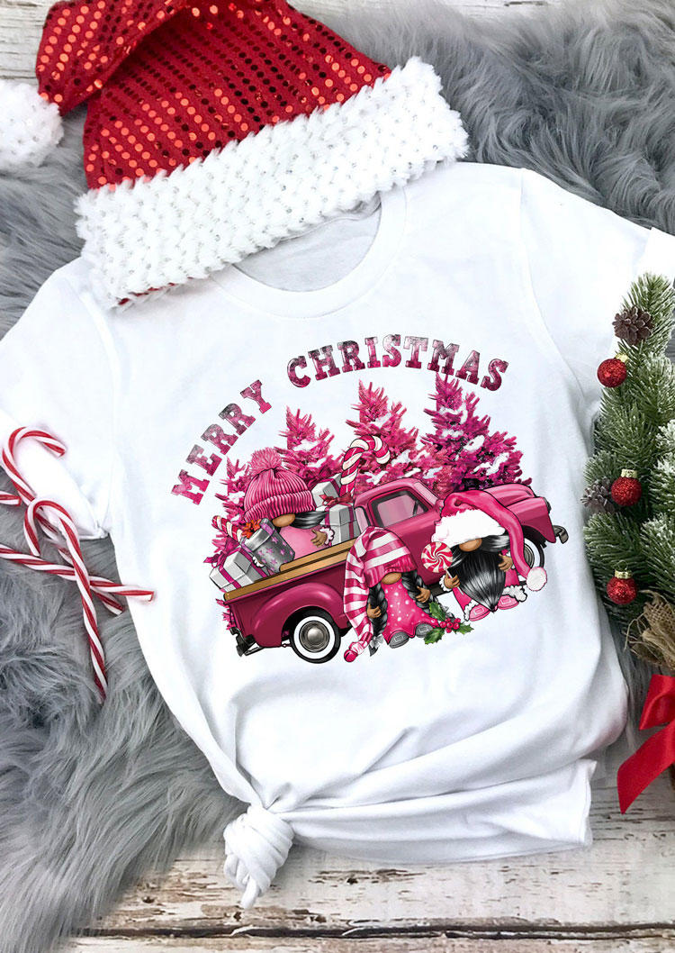 

Merry Christmas Pink Gnomies O-Neck T-Shirt Tee - White, SCM021803