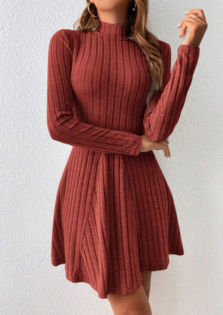 

Ribbed Long Sleeve Mock Neck Knitted Mini Dress, Red, SCM021879