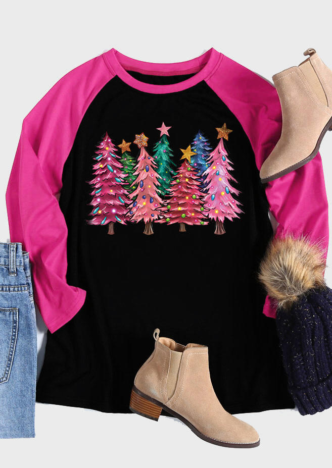 

Christmas Pink Tree Raglan Sleeve T-Shirt Tee - Black, SCM021888