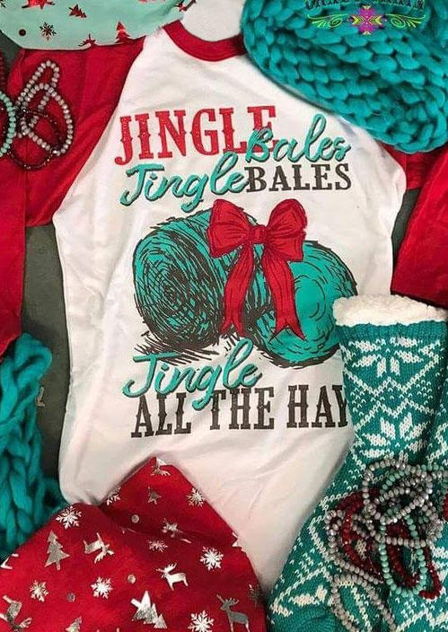 

Jingle Bales Jingle All The Hay Christmas Farm T-Shirt Tee - Red, SCM021931