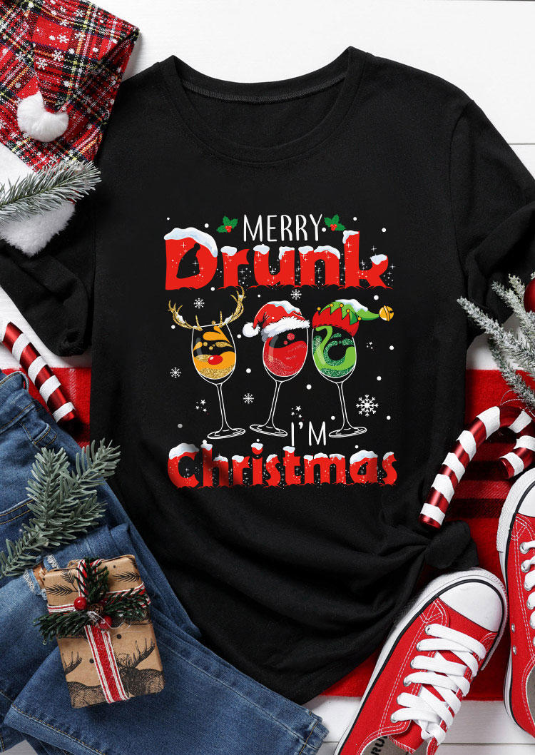 

Merry Drunk Christmas O-Neck T-Shirt Tee - Black, SCM021845