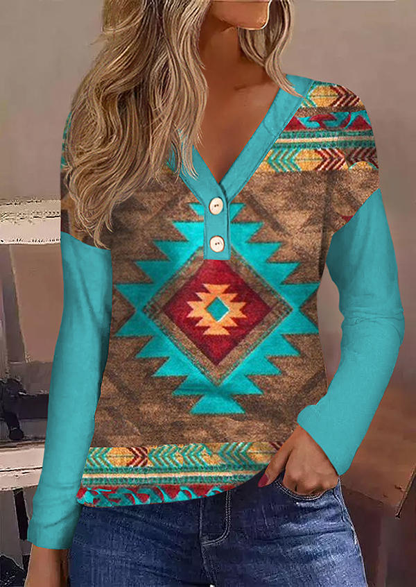 

Aztec Western Button V-Neck Blouse, Multicolor, SCM021886