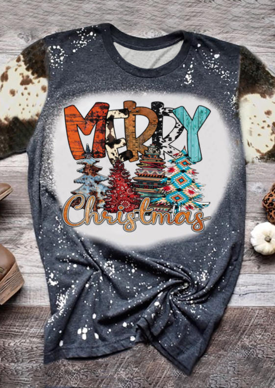 

Merry Christmas Tree Bleached T-Shirt Tee, Multicolor, SCM021892