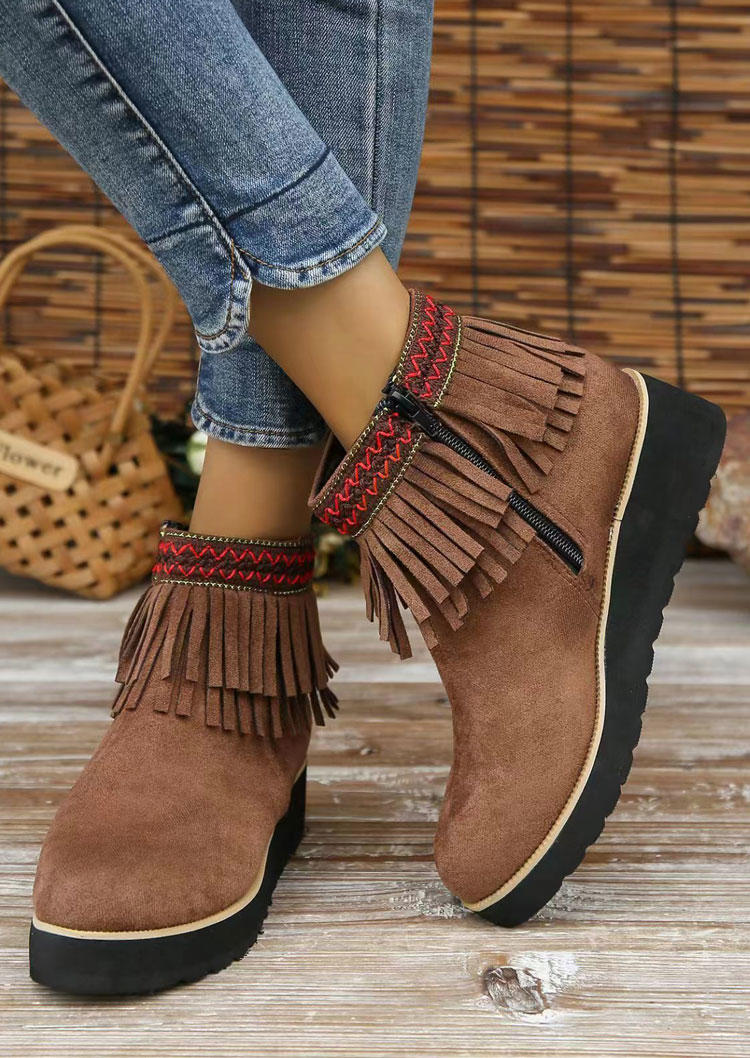 Tassel Zipper Wedge Boots - Dark Brown