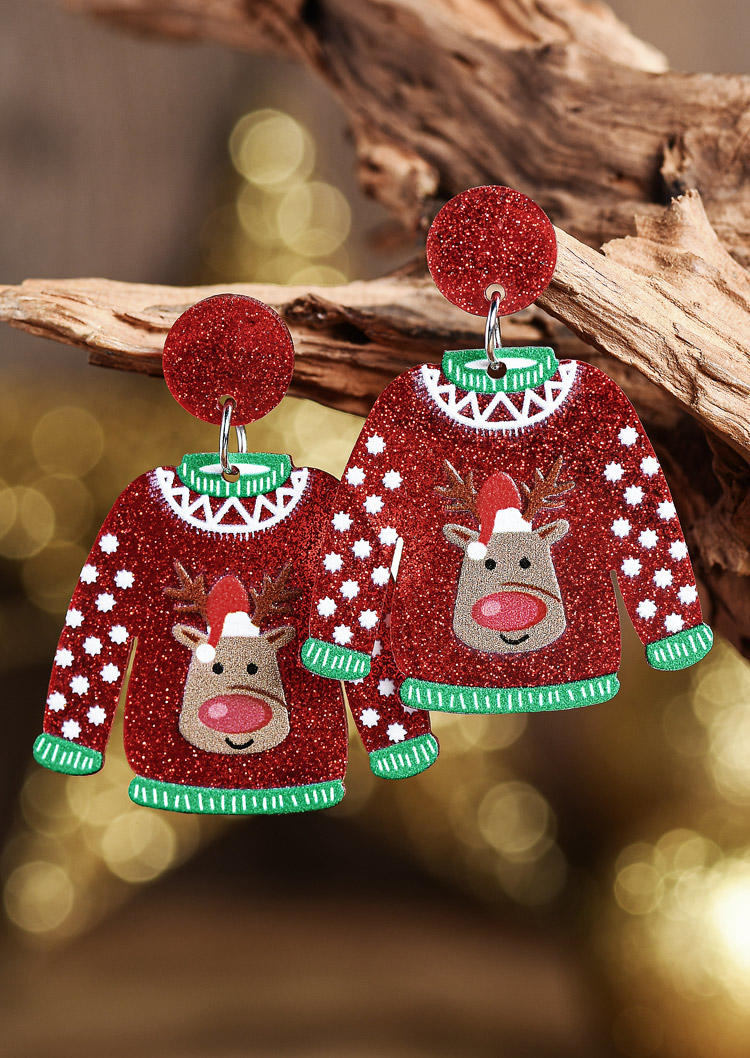 

Christmas Sweater Glitter Reindeer Snowman Earrings, Red, SCM021871