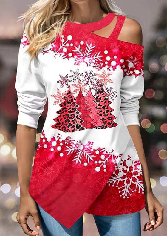 

Christmas Tree Snowflake Hollow Out Blouse - Red, SCM021883