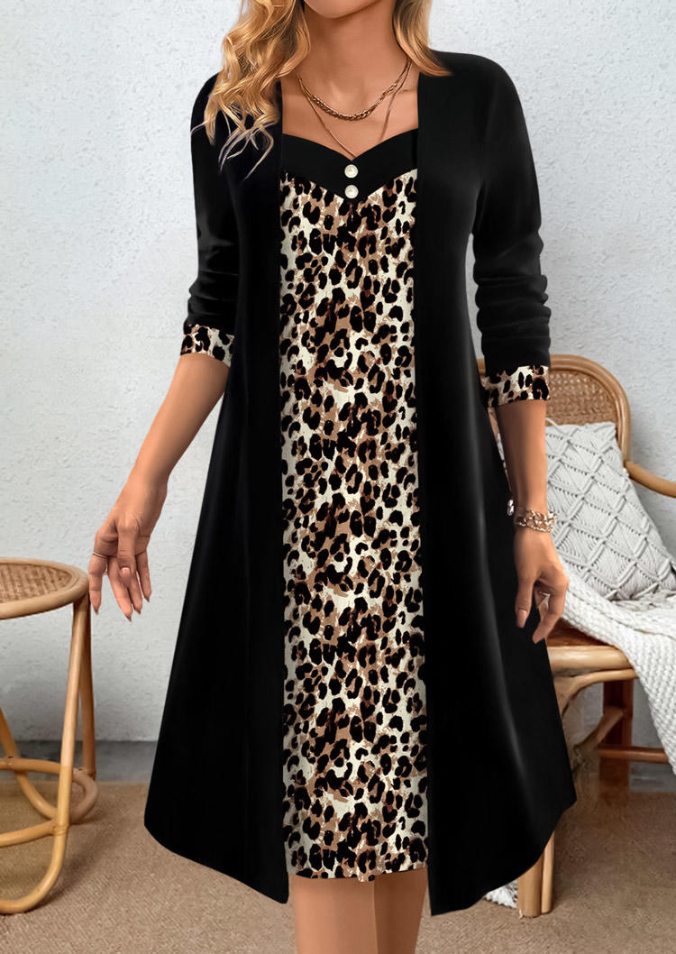 

Leopard Button Long Sleeve Mini Dress, Multicolor, SCM021954