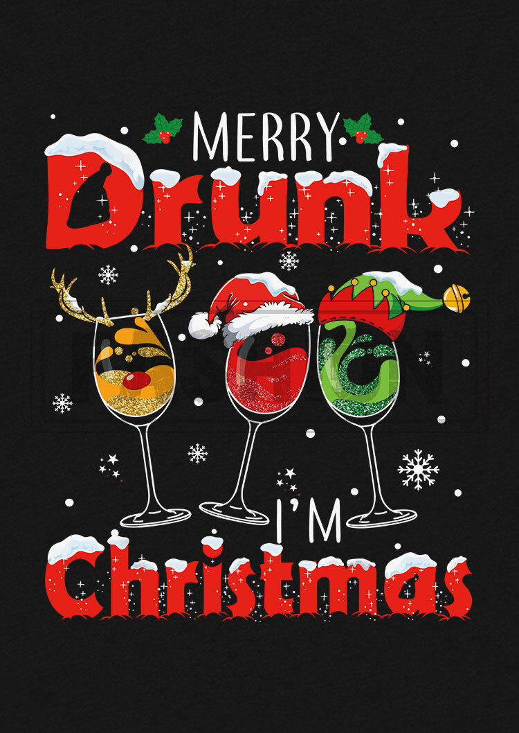 Merry Drunk Christmas O-Neck T-Shirt Tee - Black