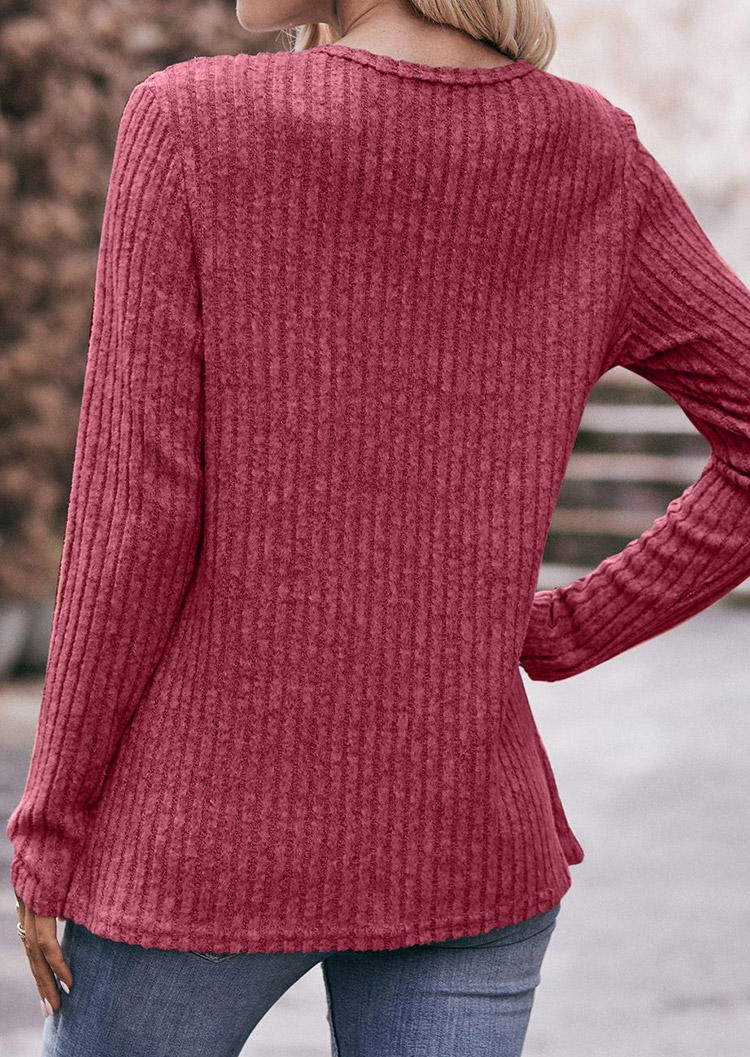 Ribbed Button Slit Long Sleeve Blouse - Burgundy