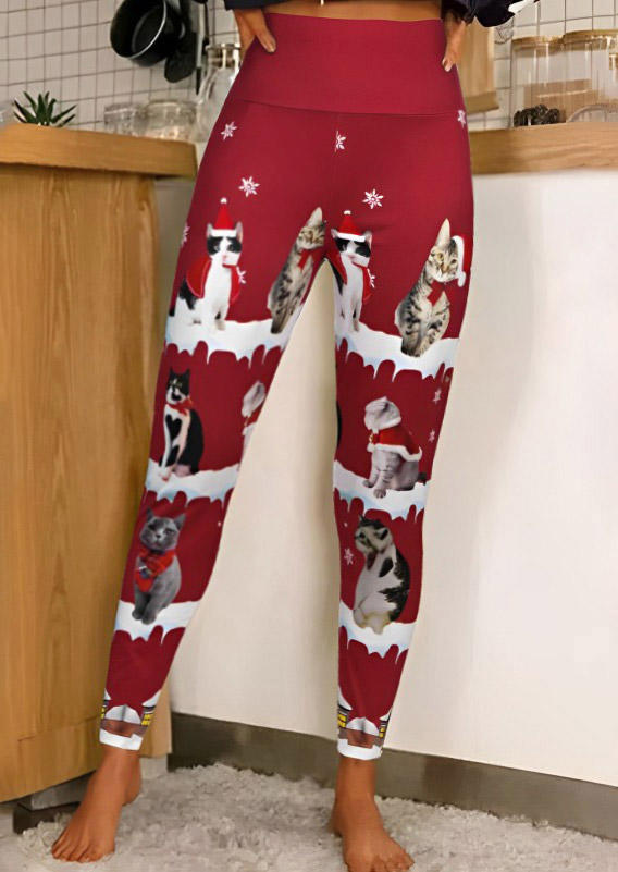 

Christmas Cat High Waist Leggings - Red, SCM021496
