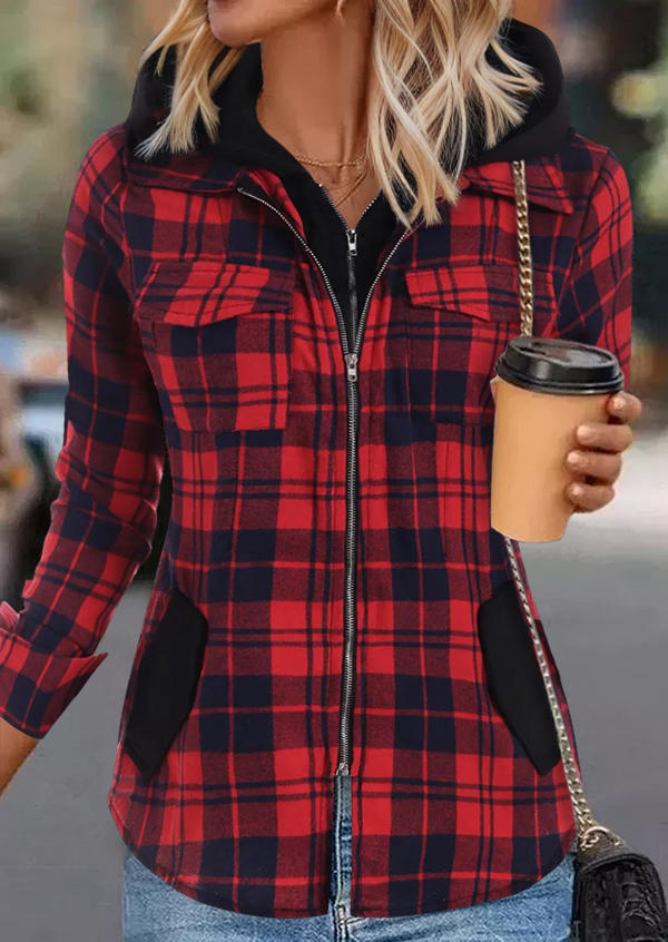 

Buffalo Plaid Zipper Pocket Hooded Fake Two-Piece Coat - Red, SCM021743