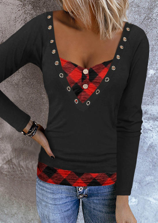 

Plaid Gothic Eyelet Fake Two-Piece Blouse - Black, SCM021862