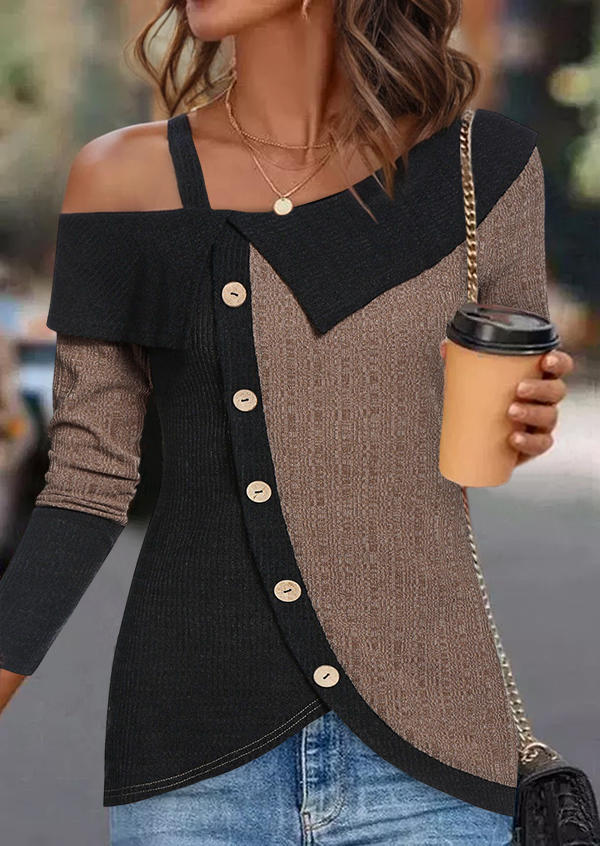 

Plain Color-Blocked Button One Sided Cold Shoulder Blouse, Multicolor, SCM021990