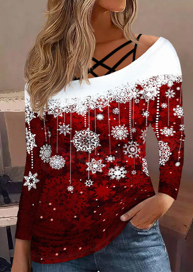 

Snowflake Criss-Cross Fake Two-Piece Blouse - Burgundy, Red, SCM022007