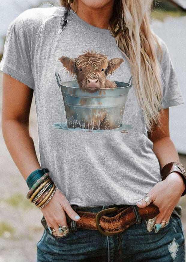 

Highland Cattle O-Neck T-Shirt Tee - Gray, SCM021962
