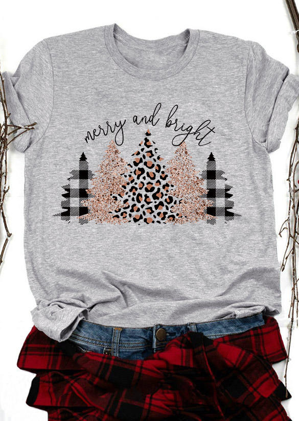 Merry And Bright Christmas Tree T-Shirt Tee - Gray
